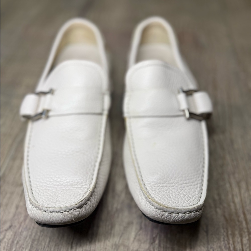 Salvatore Ferragamo White Cabo Leather Loafers with Silver Buckle